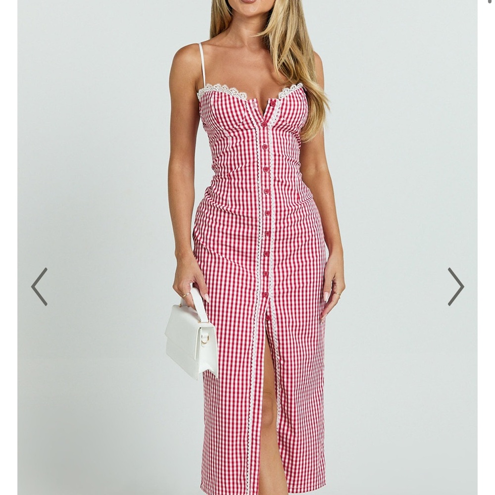 Showpo Red and White Ruched Bodycon Midi Dress